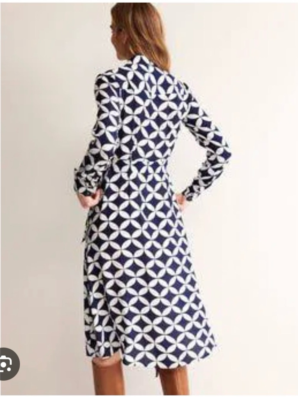 Boden Navy and White Geometric Tie-Waist Shirt Dress - Picture 2 of 8